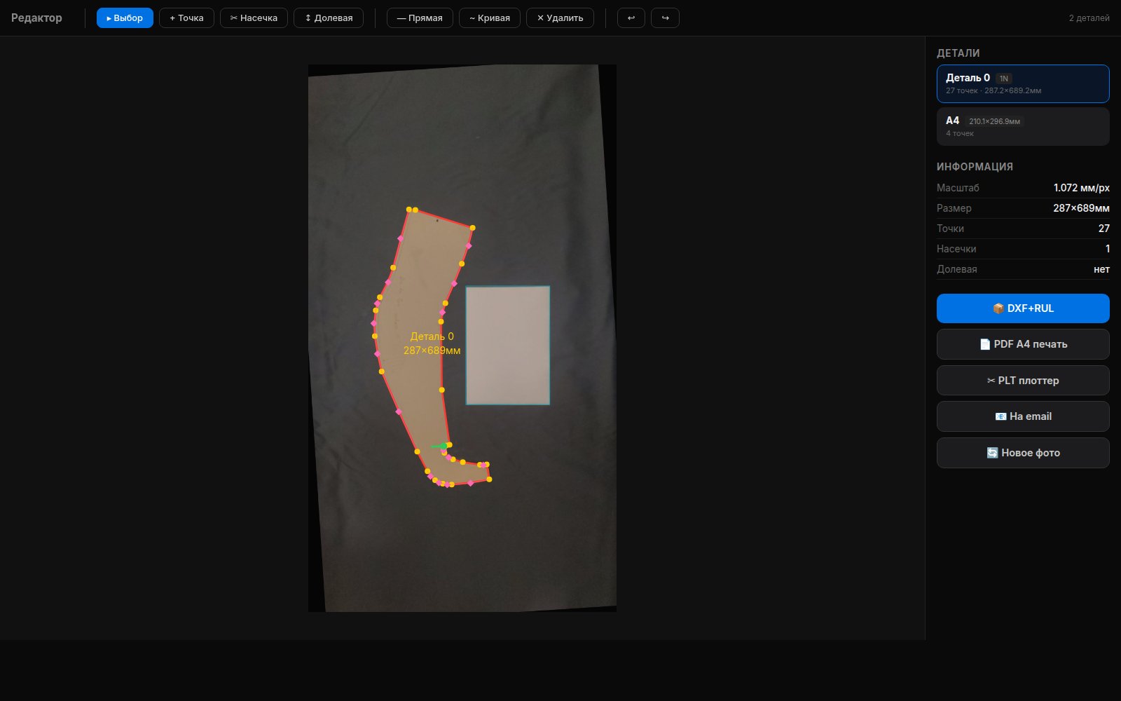 The browser editor showing the traced outline with its anchor points and the export panel
