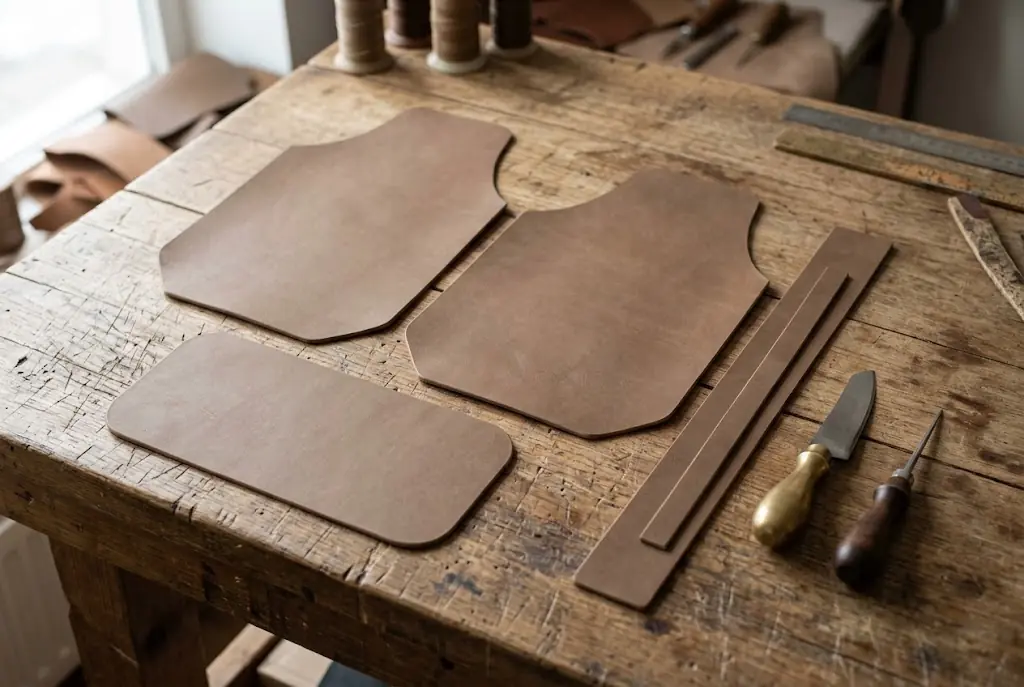 Cut leather pieces of a handbag on a workshop bench with a knife and an awl