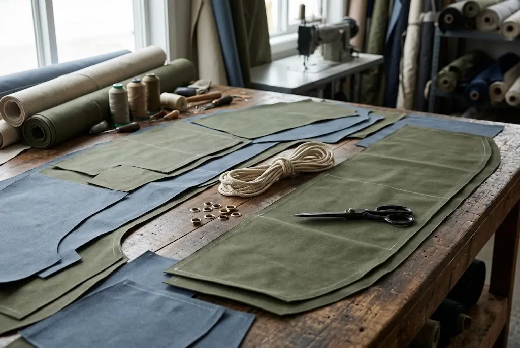 Cut panels of heavy canvas for a boat cover on a bench with a coil of cord and grommets
