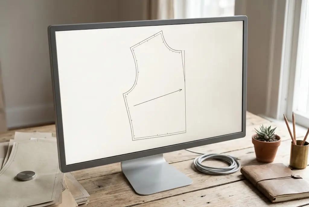 A monitor showing the outline of a pattern piece with notch marks and a grain line