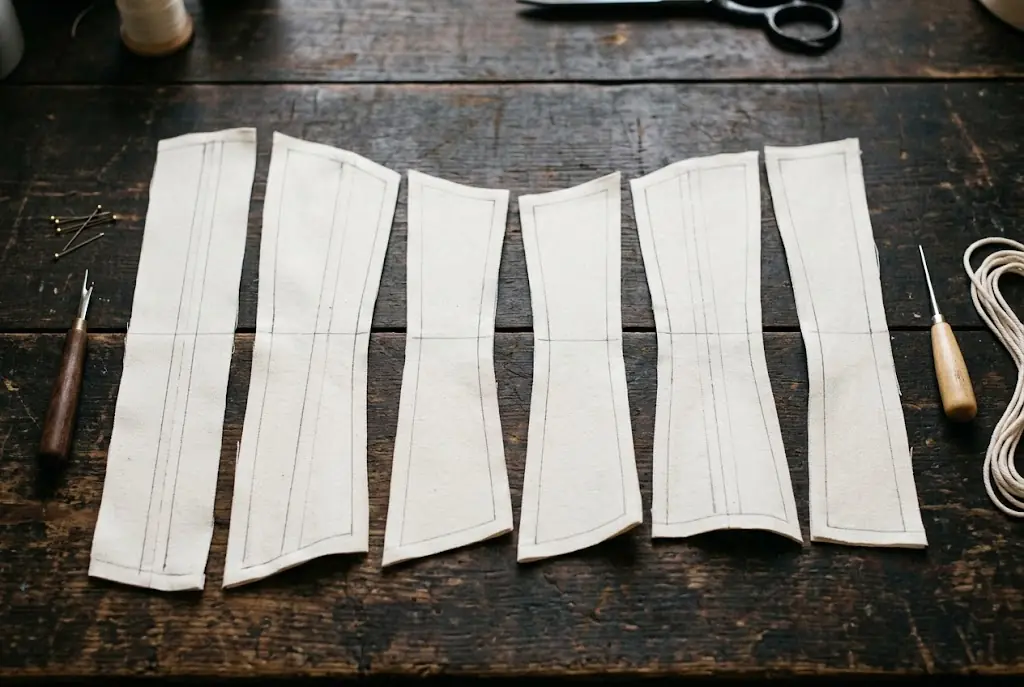 Narrow calico corset panels laid out in order on a dark worktable