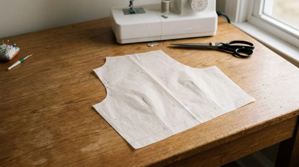 A paper bodice pattern lying flat on a home sewing table with a sewing machine and shears behind it
