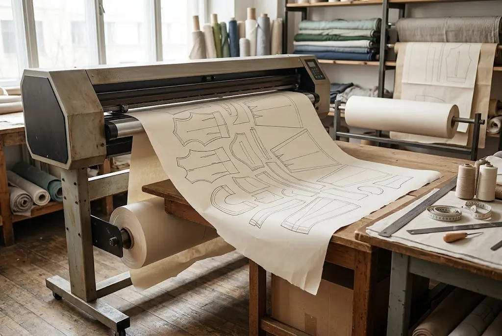 A wide format roll printer with paper feeding out carrying outlines of pattern pieces