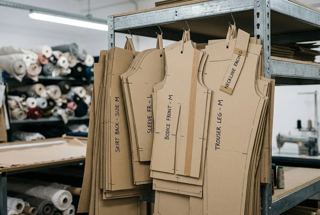 Cardboard pattern blocks hanging on a workshop rack, each labelled by hand, with fabric rolls behind them
