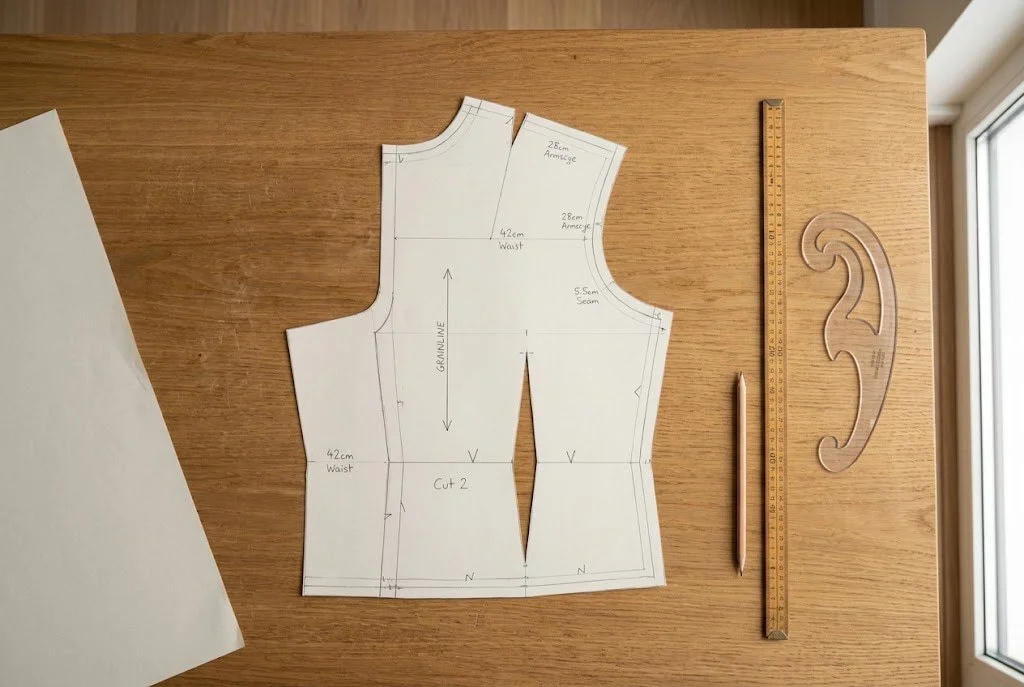 A hand-drafted bodice pattern on a wooden table with a rule, a French curve and a pencil beside it