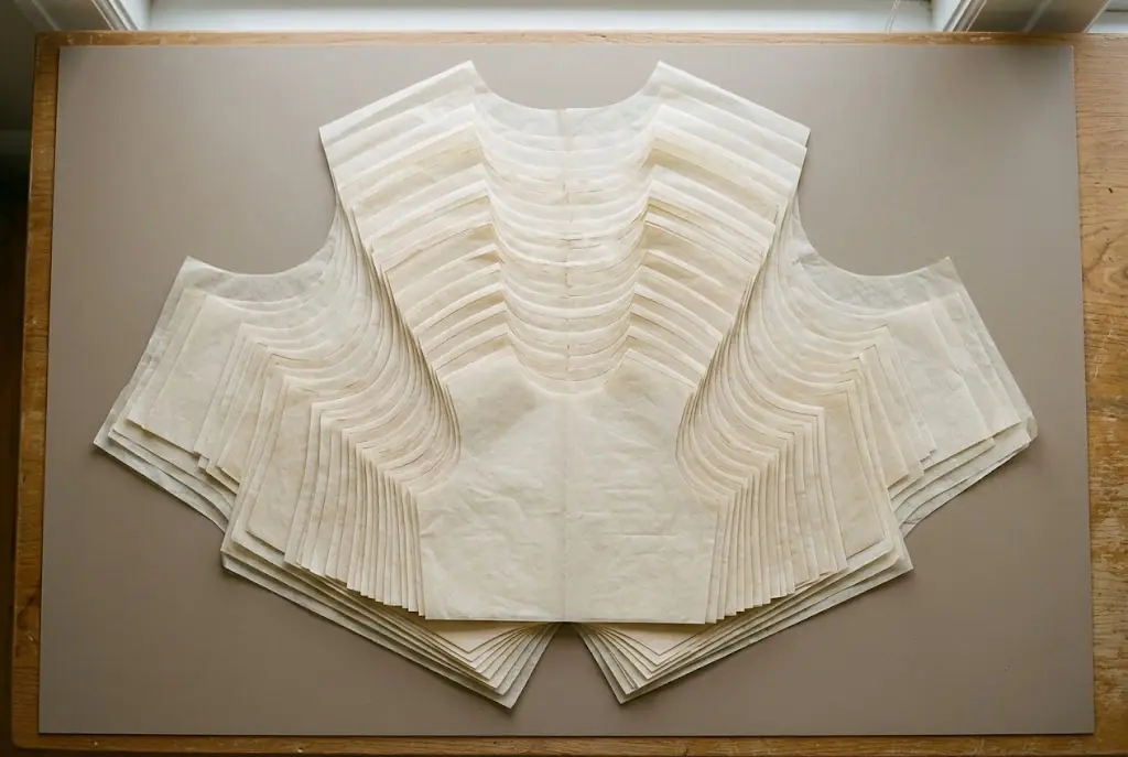 Paper pattern pieces of the same shape in several sizes, nested and fanned out on a table