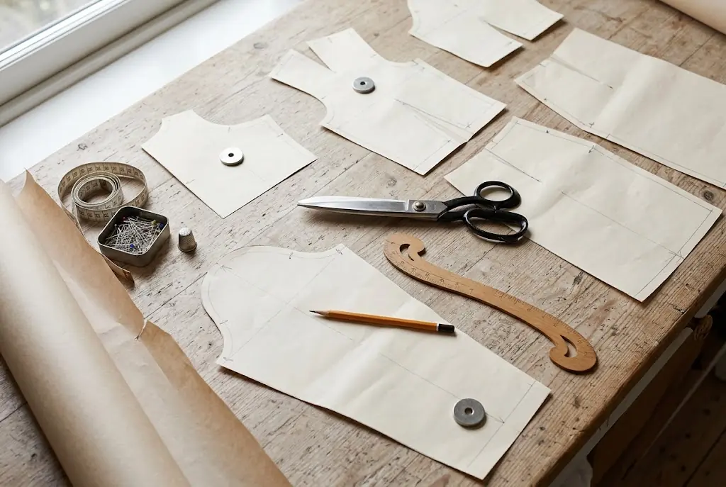 A pattern maker's table with paper pattern pieces, a curved ruler, a pencil and tailor's shears