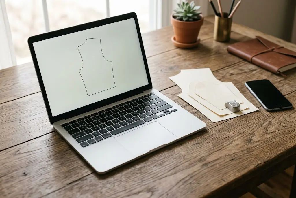 A laptop showing a pattern outline on screen with a paper pattern piece beside it
