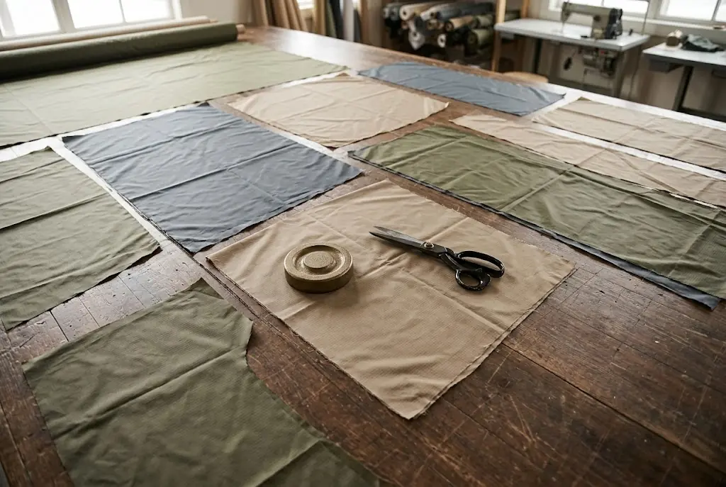 Large cut panels of lightweight fabric spread on a workshop floor with shears and a weight