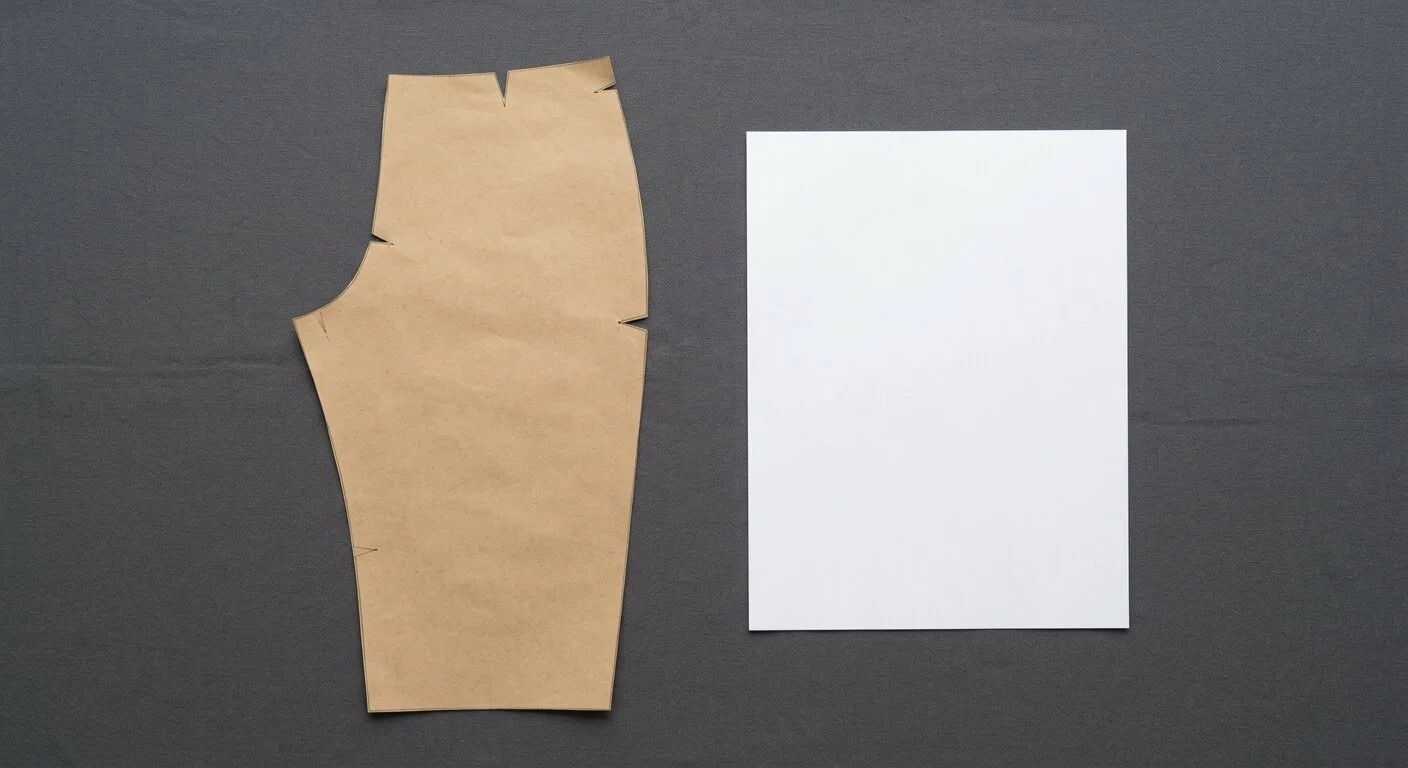A paper trouser block on a dark surface with a sheet of paper beside it for scale