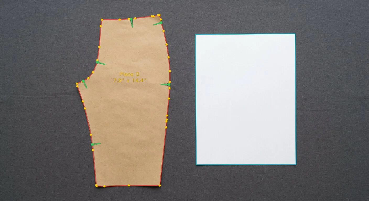The same photograph with the traced outline, the marked notches and the located sheet of paper
